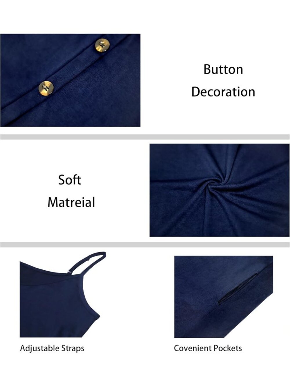 Women's Navy Summer Dresses Spaghetti Strap Button Down V Neck Sundress Beach - Picture 6 of 7